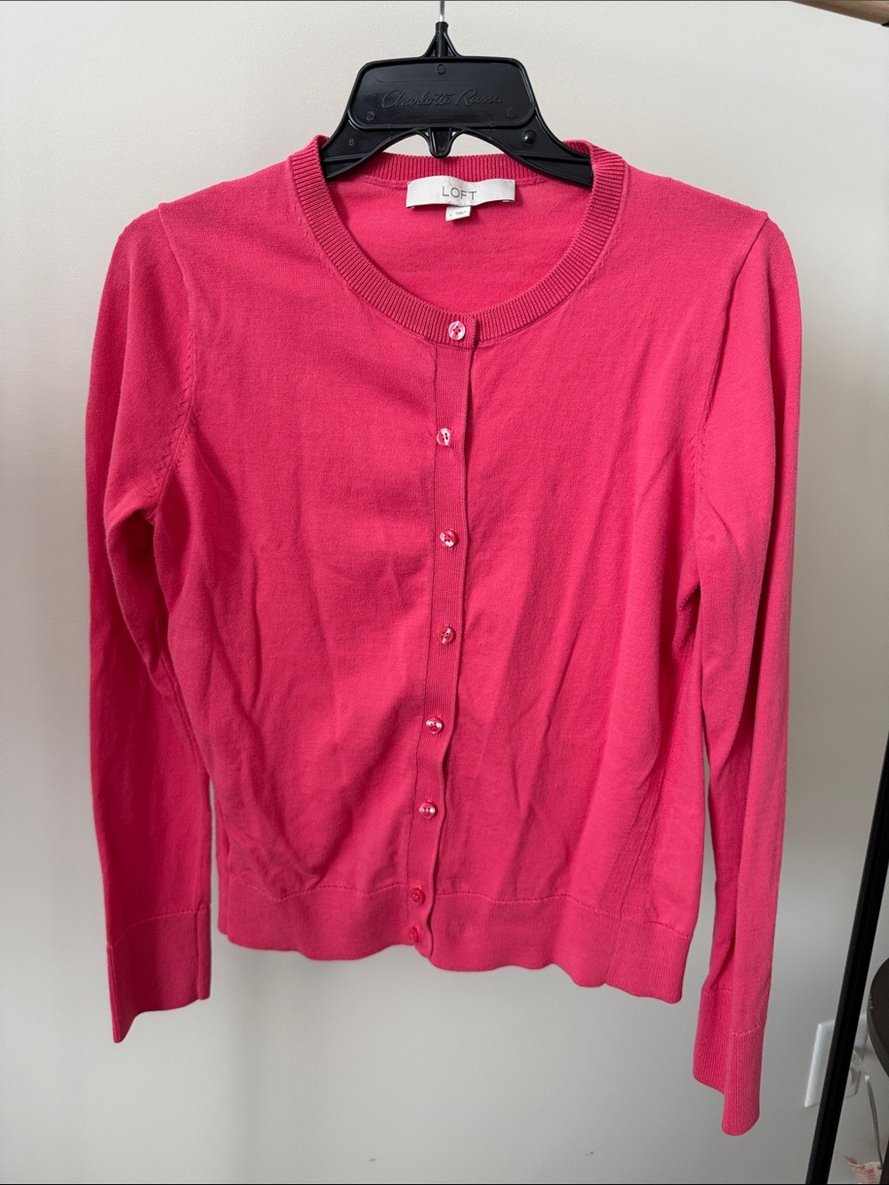 LOFT Fuchsia Button-Front Crewneck Cardigan